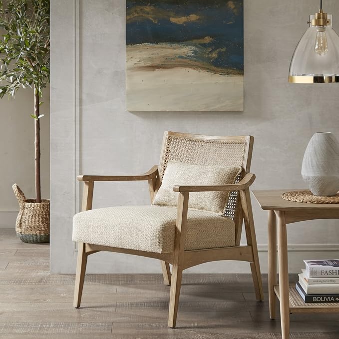 INK+IVY Kelly Accent Chair For Living Room Upholstered 6.25 T Seat Cushion Solid Wood Frame Cane Backrest Farmhouse Accent Armchair Family Room Rustic Furniture Décor 25W Light Brown
