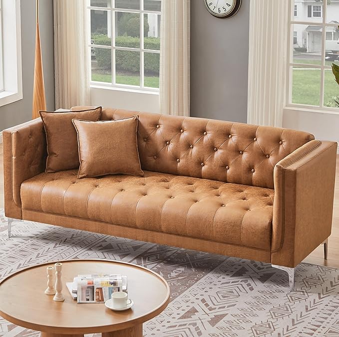 HIFIT 79 W Brown Faux Leather Sofa Couch with 2 Pillows 3 Seater Couches for Living Room Handmade Button Tufted Cushions and Metal Legs Modern Leather Sofa for Apartment Office