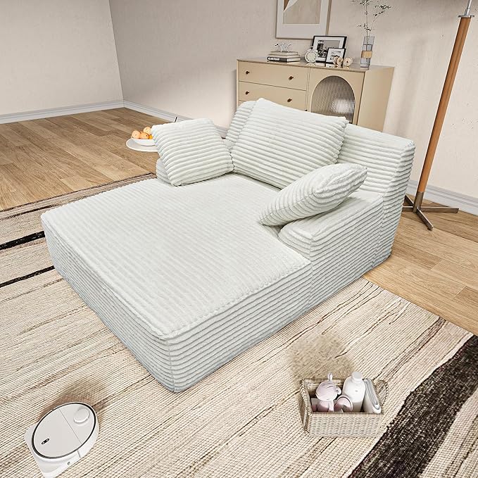65.3'' Oversized Lounge Chaise Couch with Square Armrest Boneless Chaise Lounge with Cushions Corduroy Single Sofa Chair with 2 Pillows No Assembly for Living Room Apartment White