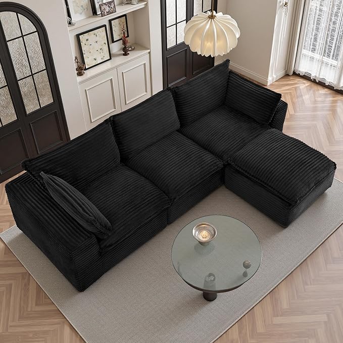 110 Sectional Couches for Living Room Boneless Couch Upholstered Cloud Couch Sectional Modular Sectional Sofa with L Shaped (Corduroy-Black 3 Seat+1 Ottoman)