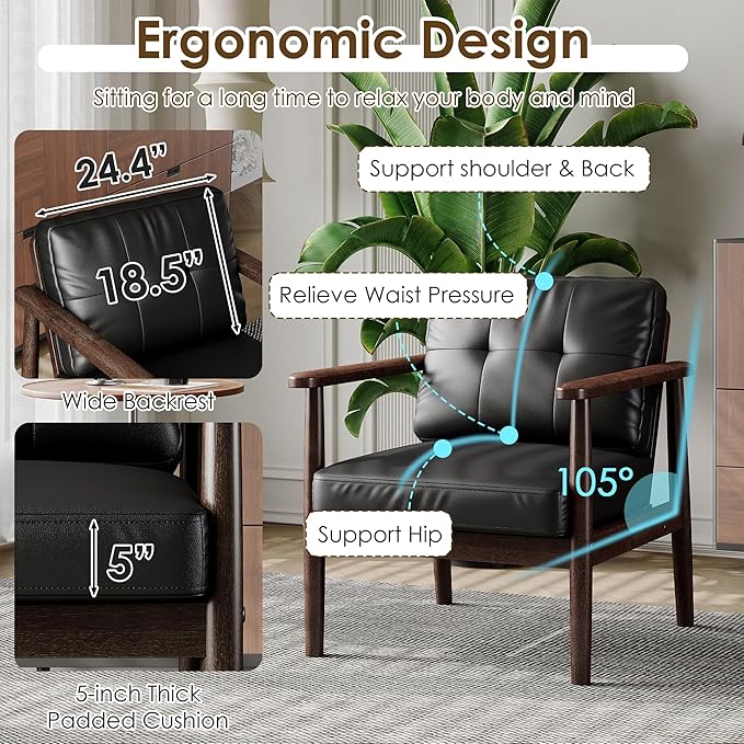 STHOUYN Mid Century Modern Chair PU Leather Accent Chair with Wood Arms Living Room Chairs Reading Armchair for Bedroom Waiting Room Office