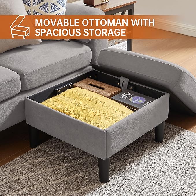 2 Piece Couches Set for Living Room Convertible L Shaped Sofas 3 Seat Couch with Ottoman and Accent Chair Modern Linen Sofa for Small Space (Light Grey)