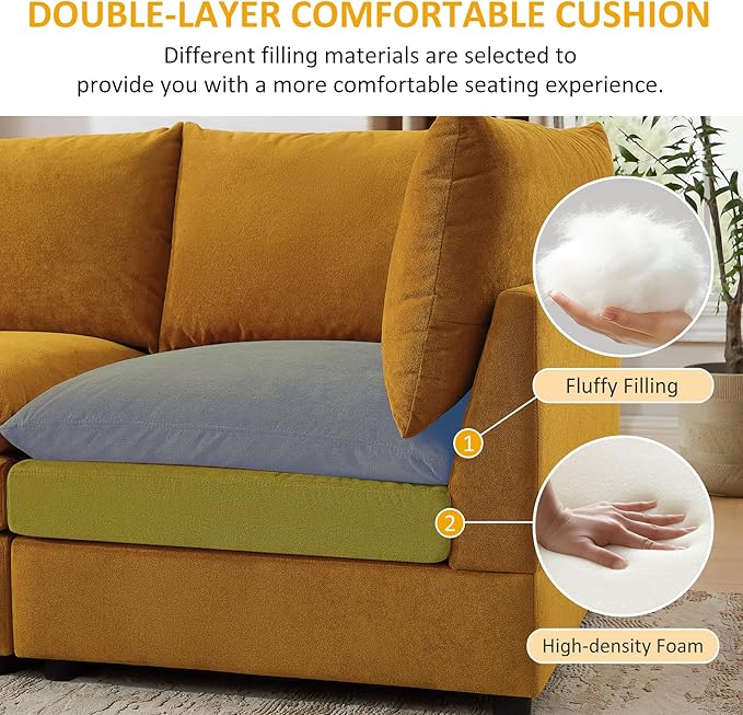 VANOMi L Shape Modular Sectional Sofa Couch for Living Room Oversized Modern Sleeper Cloud Couch with Deep Seat Double-Layer Thick Cushion Movable Ottoman Convertible Upholstered Sofa Set Curry