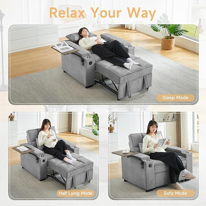 Large Size Convertible Sleeper Chair Futon Sofa Bed Comfortable thick cushion Single Sleeper Sofa Handheld storage and Adjustable Backrest | Reading Chair with Rotating small table (light gray)