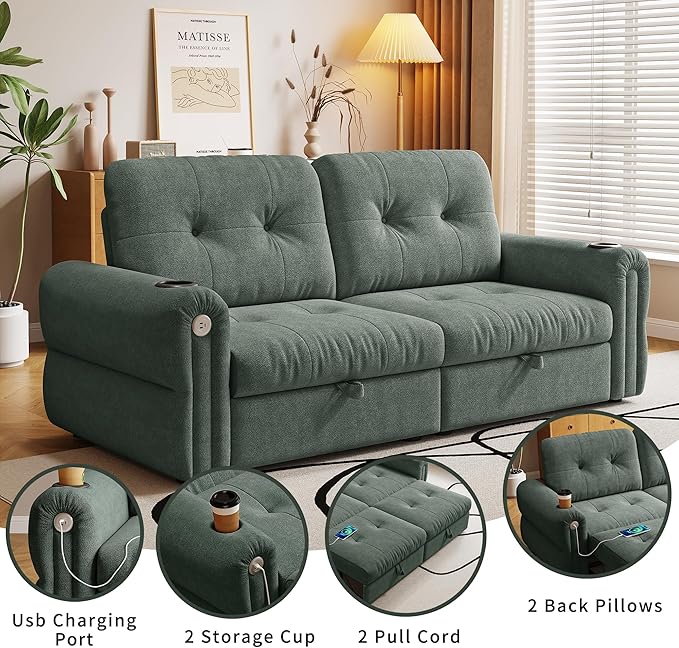 Queen Sofa BedConvertible Loveseat Sleeper SofasCouch with Pull Out BedPullout Couch Bed for Small SpaceQueen Sleeper Sofa Couches for Living RoomApartment &amp Guest Room Green | USB Port Cup