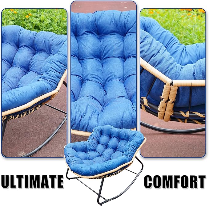 Outdoor Rocking Chair Patio Egg Rocking Chair Indoor Papasan Chair Rattan Wicker Lounge Chair Modern Royal Chair for Bedroom Living Room Porch GardenLawn-Beige (Blue)