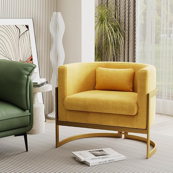 Alunaune Upholstered Velvet Living Room Chair Barrel Accent Chair Modern Armchair Mid Century Lounge Chair Sofa Tub Bucket Club Side Chair for Bedroom-Yellow