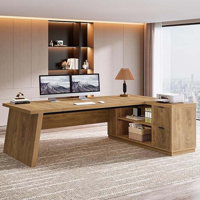 Tribesigns 78 L Shaped Desk with Drawers Large Executive Office Desk with File Cabinet and Shelves Modern Corner Computer Table Business Furniture for Home Office Brown