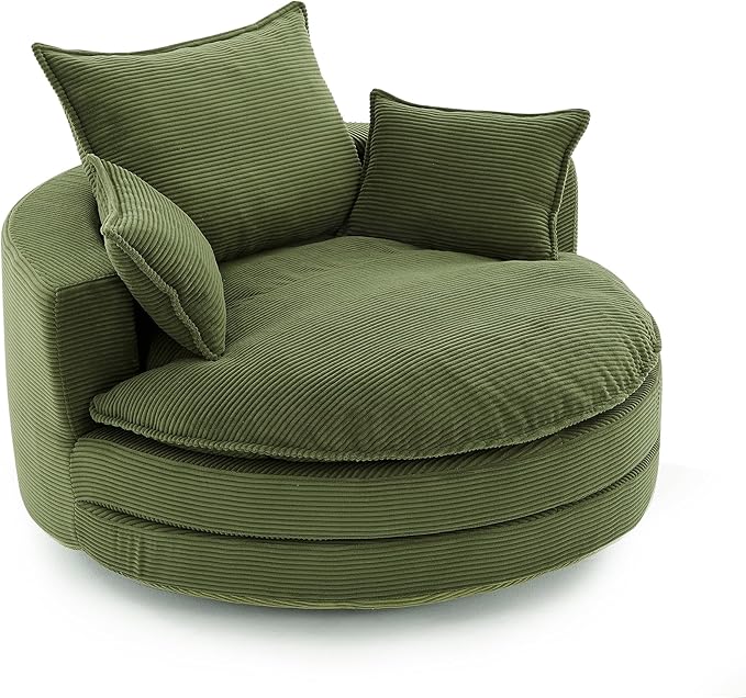 360° Swivel Sofa Chair with Dual-Layer Cushion Design 57.5 Swivel Round Accent Barrel Chair with 3 Removable Pillows for Living Room Office and Hotel (Green//261)