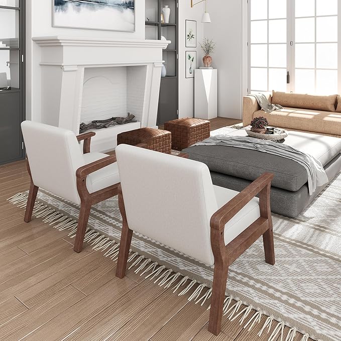 HNY Mid Century Modern Accent Chairs with Wood Frames Linen Upholstered Living Room Arm Chairs for Living Room Bedroom