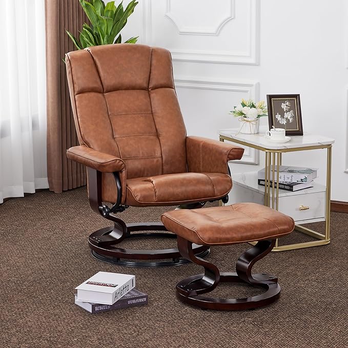 MCombo Manual Swivel Recliner with Ottoman Chair Ottoman Set for RV Small Spaces Living Room Bedroom Office 9019 4919 (Faux Leather Saddle)
