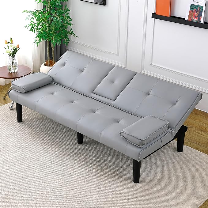 KEIKI 3 in 1 Convertible Sleeper Sofa Bed with Cup Holder Futon Sofa for Living Room Dorm or Home Office Light Gray