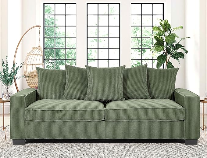 Luxe Corduroy Sofa with 5 Matching Toss Pillows Sleek Design Spacious and Comfortable 3 Seater Couch for Modern Living Room 88 Wide Dark Green