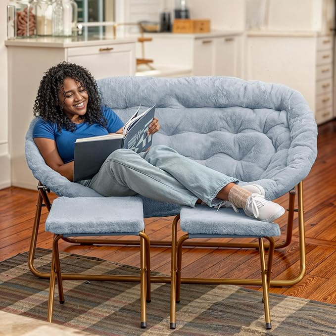 Flash Furniture Eleanor Portable Double Saucer Chair with 2 Ottomans Folding Steel Frames for Dorm or Bedroom 56 Dusty Aqua Faux Fur/Soft Gold Frame
