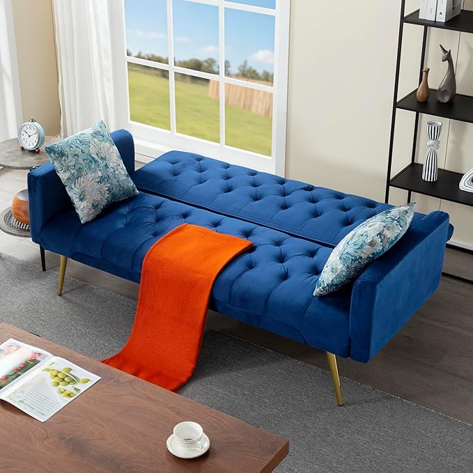 68.5” Futon Sofa Bed Convertible Futon Couch with Adjustable BackrestFolding Sofa Bed with 2 Pillows &amp Metal Legs Sleeper Loveseat with Armrest for Home Office (Bule)