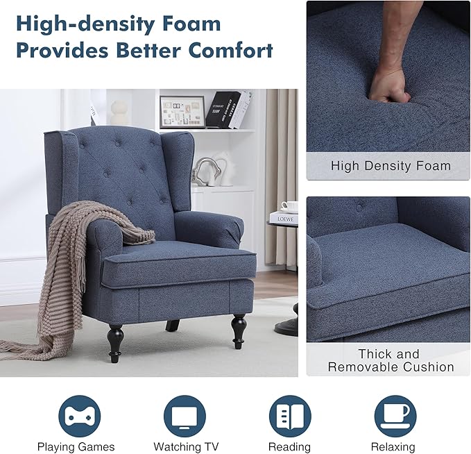 Accent Chair Set of 2 Mid Century Modern Fabric Wingback Chair Upholstered Armchair with High Back and Vintage Legs Comfy Single Sofa Side Reading Chair for Living Room Bedroom Blue
