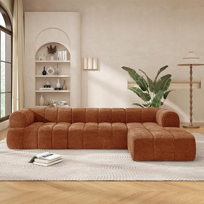 Christopher Knight Home Mania 122 Modular L-Shape Sofa Couch with Chaise Lounge Modern Sectional Sofa Set for Living Room Boucle Fabric Upholstered Cloud Couch with Deep Seat Orange