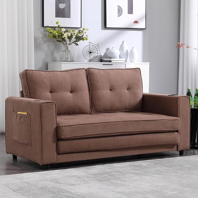 Merax Folding Sofa Bed with 2 Storage Pockets Linen Convertible Couch Bed with Cup Holders Loveseat Sleeper Sofa Folding Couch Bed for Small Spaces for Living Room Apartment Brown