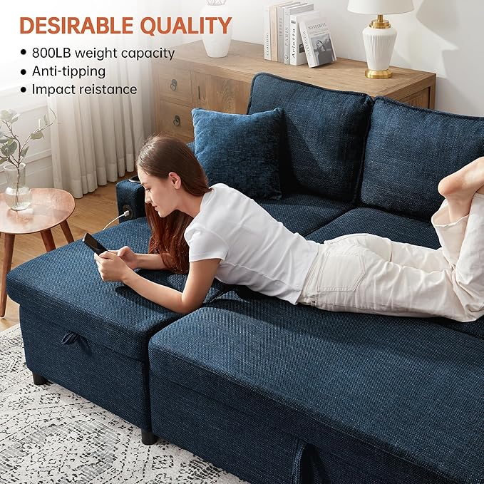 DURASPACE Sofa Bed Sleeper Sofa Couch with Pullout Bed for Living Room L Shaped Couch with Storage Chaise USB Cup Holder (Blue Linen)