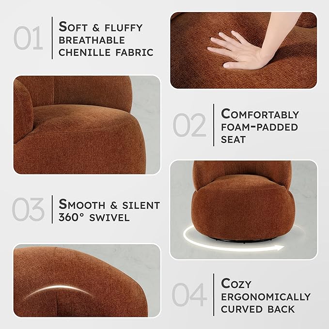 Lexicon Modern Barrel Swivel Accent Chair - Upholstered Soft Chenille Fabric with Metal Base 360 Degree Round Swivel Accent Chair for Living Room Bedroom Office No Assembly Required Rusty Orange