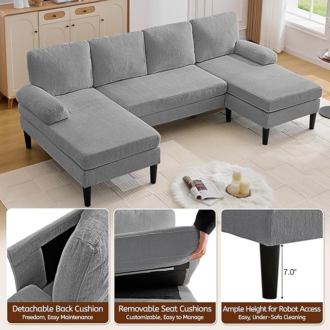101 U-Shape Sectional Couch for Living Room 4 Seat Sofa with Removable Pillows Modern Chenille Fabric Sets with Double Chaise Lounges for Apartment&ampSmall Space Pewter
