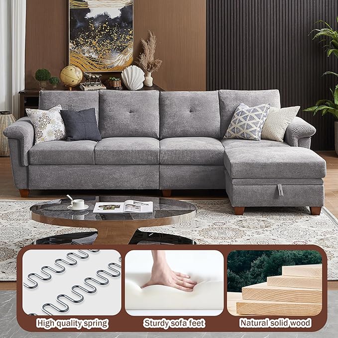 109 Convertible Sectional Sofa Modern Microfibe L Shaped Couch with Storage Chaise and Cup Holder 4 Seat Sofa Couches with Extra Headrests for Living Room Apartment Light Grey
