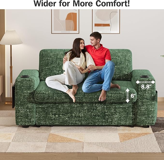Vipbear 65 Loveseat Sleeper Sofa with Pull Out Bed Chenille 3-in-1 Convertible Sofa Bed with Reclining Backrest|USB Ports|Cup Holders|Side Table|Storage Armrests Tool Free Assembly Green