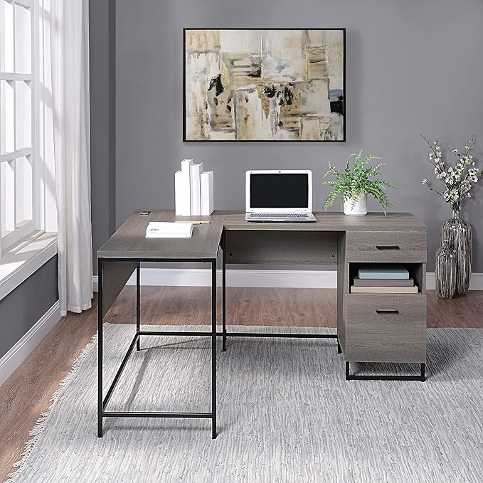 OSP Home Furnishings Hagney Lane L-Shape Desk with AC and USB Power Hub and Storage Farm Oak