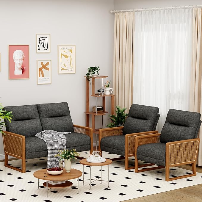 HAOBO Home 3 Piece Living Room Furniture Sets Loveseat Sofa Settee Bench with 2 Single Sofa Accent Chairs Modern Small Couches for Small Spaces(Grey)