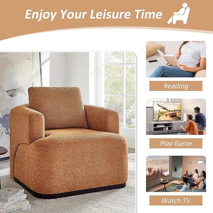 Oversized Living Room Chair Modern Comfy Boucle Accent Chairs with Throw Pillow Upholstered Armchair for Bedroom Office Waiting Room Fully Assembled (Curry)