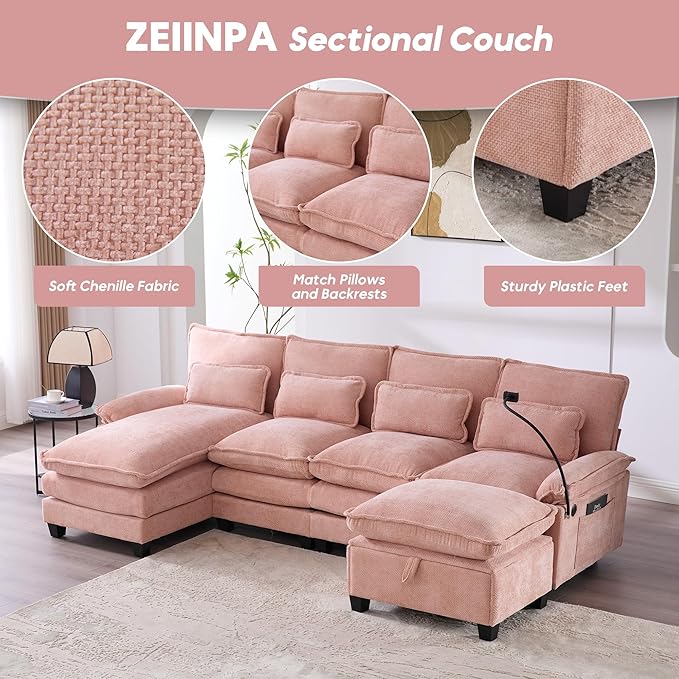 U Shape Modern Modular Sectional Sofa Cloud Couch with Storage Ottoman 4-Seat Upholstery Chenille Deep Seat Sofa with Charging Port for Living Room Pink