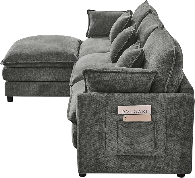 KEIKI 101.9 Modular Sectional Sofa with Movable Ottoman 3 Seat Modern Sofa Set L-Shape Sectional Couches for Living Room Apartment Gray