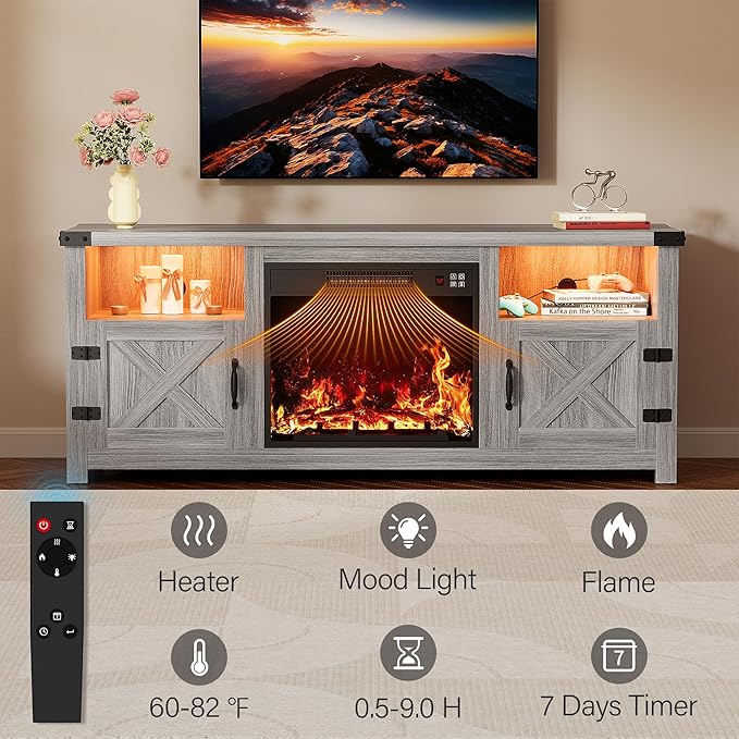 YESHOMY LED Fireplace TV Stand with Mood Lighting TV Cabinet with Open Shelf Farmhouse Media Console with Hidden Cable Routing Entertainment Center for Televisions up to 65+ Inch Gray Wash