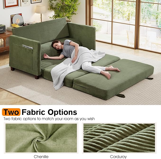 65 Loveseat Sleeper Sofa Bed Corduroy Convertible Sofa Bed for Small Spaces Folding Couch Bed with Deep Seat 2 Pillows &amp Solid Frame Pull Out Floor Couches for Living Room Green