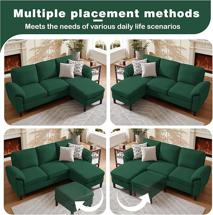 80 Convertible Sectional Sofa Small L Shaped 3 Seat Couch with Reversible Storage Chaise Modern Polyester Fabric Sofa Couches for Living Room Apartment and Small Space Green