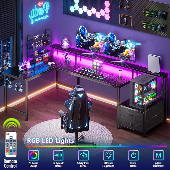 66'' L Shaped Gaming Desk with Drawers and Storage Shelves Reversible Corner Desk with Power Outlets and Host Stand Large Computer Desk with Led Lights for Gaming Work Home Office Black
