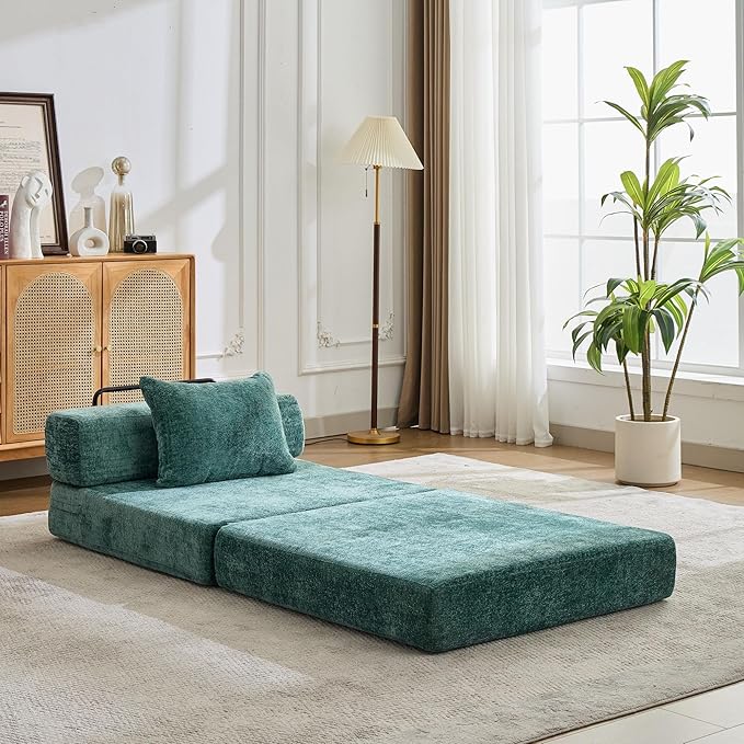Folding Sofa Bed Convertible Floor Sleeper Chair Comfy Futon Floor Couch 2 in 1 Pull Out Single Boneless Sofa for Living Room Bedroom No Assembly (Chenille Dark Green)