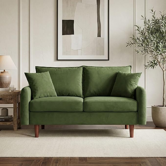 56.1 Round Arm Velvet Loveseat with Side Pockets and a Square Pillow (Army Green) | Side Storage Pockets Pillow Included