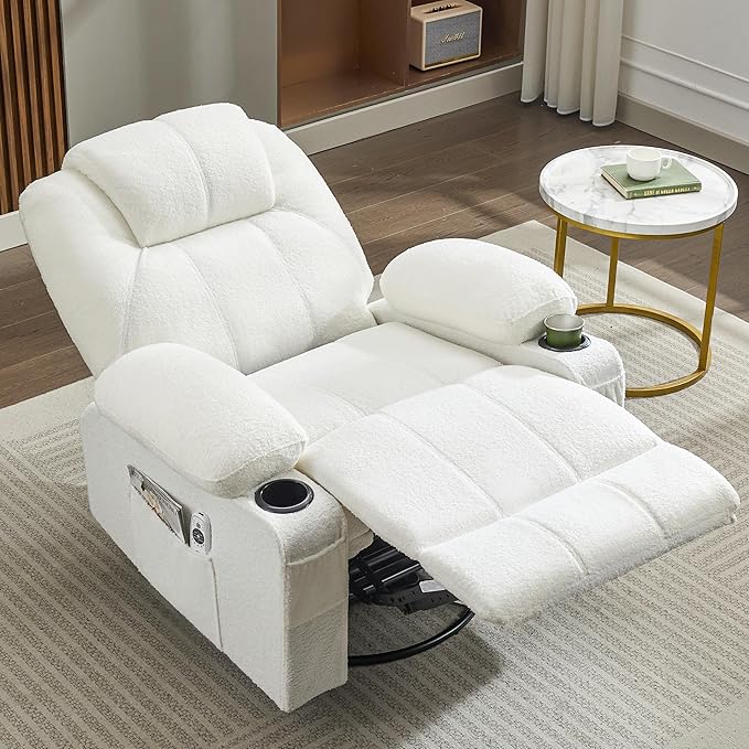 Swivel Rocker Recliner Chair with Heat and Massage Big Oversized Rocking Single Sofa for Living Room 360 Degree Swivel Recliner Chair with Cup Holders and USB Port (Teddy White)