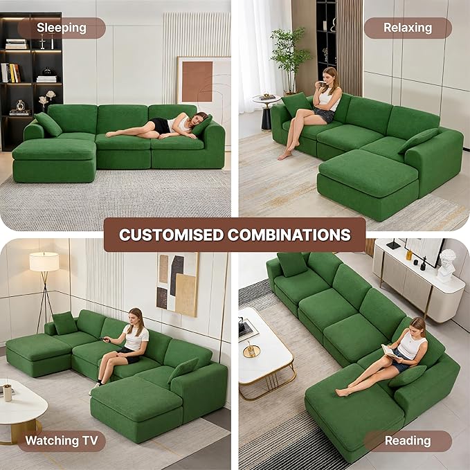 108 Boneless Cloud Couch Sectional No Assembly Required Modular Sofa with Deep Seat for Living Room L Shaped Couch with Ottoman Snowflake Fabric and Memory Sponge Moss Green
