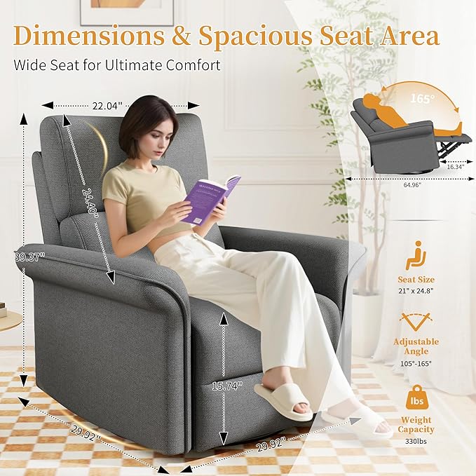 Power Swivel Rocker Recliner Chair for Nursery Oversize Upholstered Snowflake Velvet 270°Swivel Glider Rocker Chair with USB Ports Small Power Recliners for Small Spaces Living Room