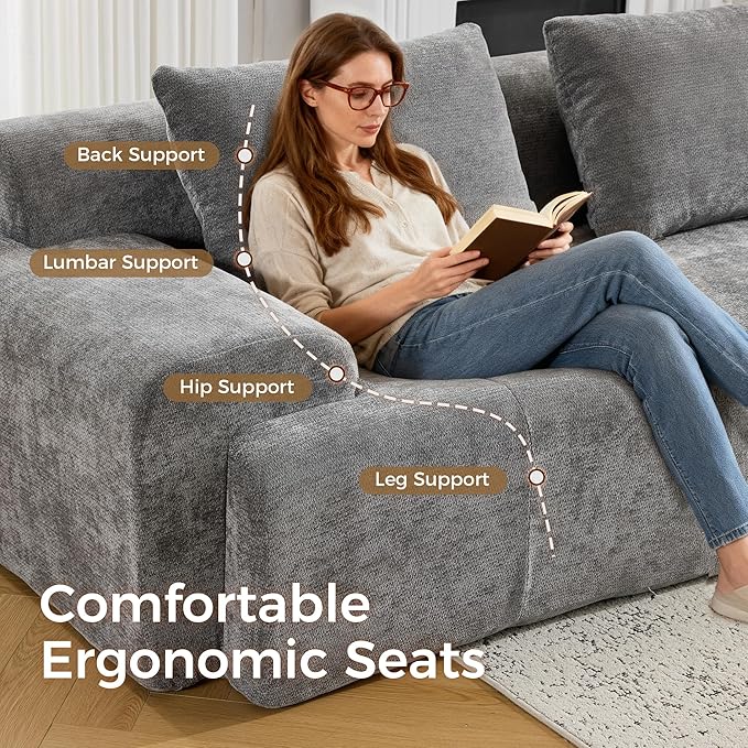 Modular Sectional Sofa Chenille Upholstered Boneless Couch Modern Deep Seat Cloud Sectional Couches for Living Room 85 Loveseat Apartment Sofa No Assembly Grey