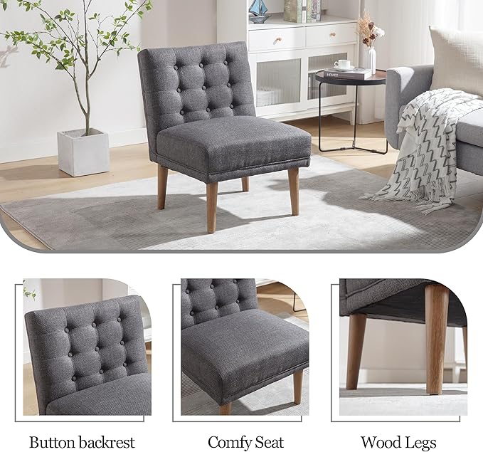 Accent ChairModern Armless Living Room ChairsComfy Upholstered Linen Makeup Vanity Chair with Solid Wood LegsArm Chairs for Reading in BedroomDark Grey