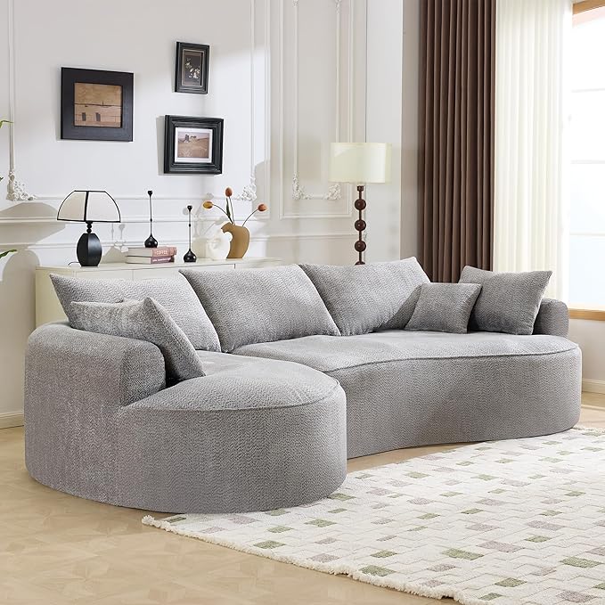 ERYE Oversized Curved Tight Backrest Sofa Floor Boneless Modular Foam Sofa Couch with Left Facing Chaise Lounge and 7 Pillows Chenille Upholstered No Assembly Required