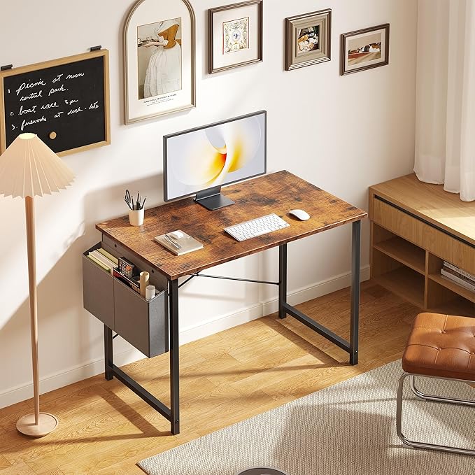 NEWBULIG 40 Inch Computer Desk Home Office Desks for Bedroom Writing Gaming Work Study Table with Storage Bag for Small Spaces Modern Workstation in Rustic Brown