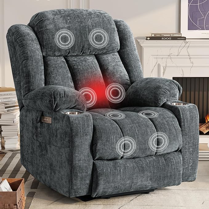 ABCASA Large Power Lift Chairs Recliners for Elderly with Heat ＆ Massage Upgraded Chenille Recliners USB-A ＆ C Cup Holder Side Pocket Grey Blue