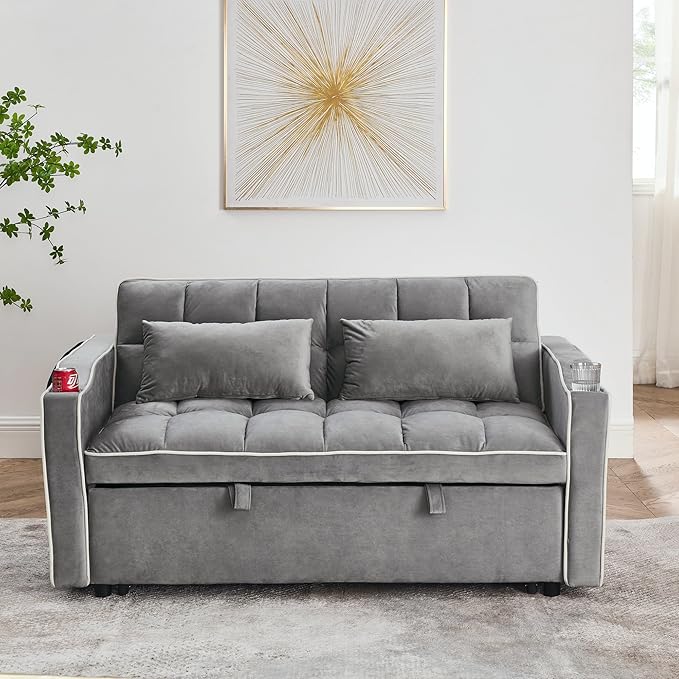 LUMISOL 55.5 Convertible Sleeper Sofa with Pull Out Bed 3-in-1 Loveseat Sofa with USB Ports 2 Cup Holders &amp Storage Pockets Velvet Sleeper Sofa Bed with Adjustable Backrest Grey