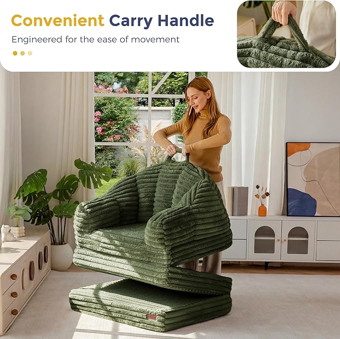 MAXYOYO Folding Sofa Bed 2 in 1 Convertible Sofa to Lounger Comfy Faux Fur Bean Bag Chair for Adults Floor Single Sleeper Couch Chair with Handle Couch Bed for Living Room Bedroom Dark Green