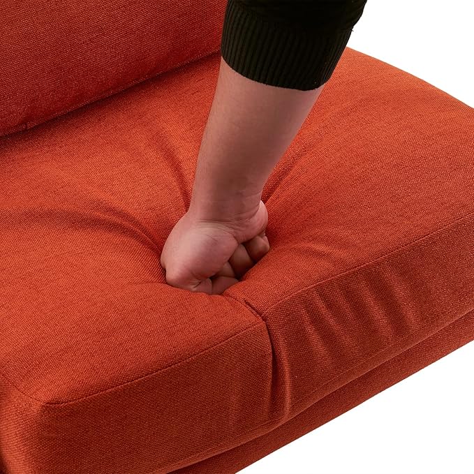 Accent Chair with Pillow - High Back Reading Armchair with Solid Wood Armrest - Iron Frame and Linen - Lounge Chair with Back and Seat Cushion - Sofa Chair for Bedroom Living Room - Orange