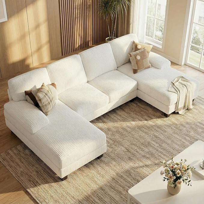 Homall Modular Sectional U Shaped Sofa Couches for Living Room Comfy Chenille 4 Seat Sofa Set with Removable Pillows Lounge Chaise Upholstered Couch for Apartment (Corduroy Beige)